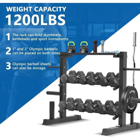 Heavy-Duty Adjustable Dumbbell Rack with Storage for Kettlebells and Barbell Plates, Space-Saving Weight Organizer Stand