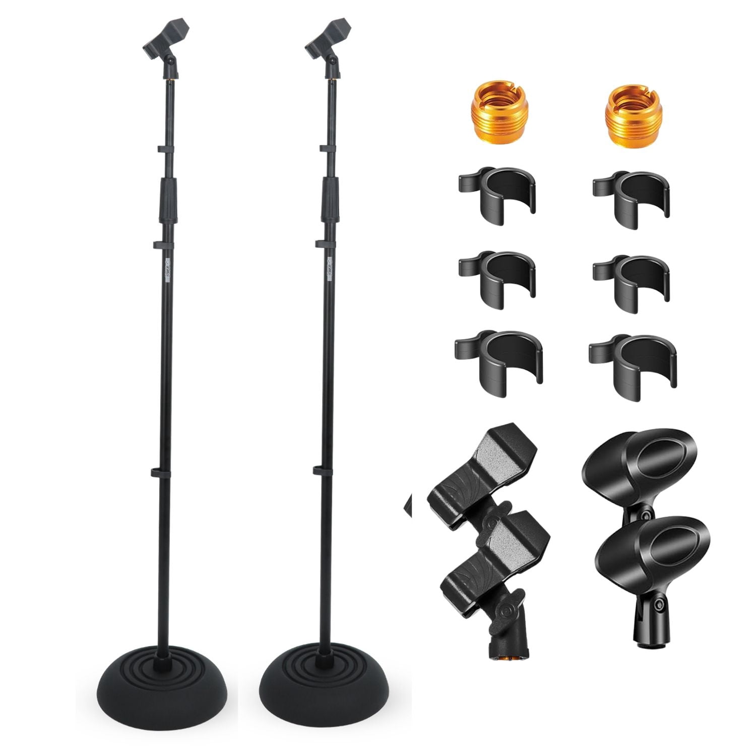 Heavy Duty Adjustable Floor Mic Stand 2-Pack (37.5-70") w/180° Angle & Cable Clips - Weighted Base, 4.6lb Capacity