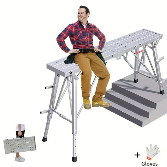 Heavy-Duty Adjustable Folding Work Platform Scaffolding Ladder Bench, 800LBS Capacity, Portable Step Stool with Anti-Slip Treads, 31.5"-49.21" Height, for Garage, RV, Painting, Car Washing