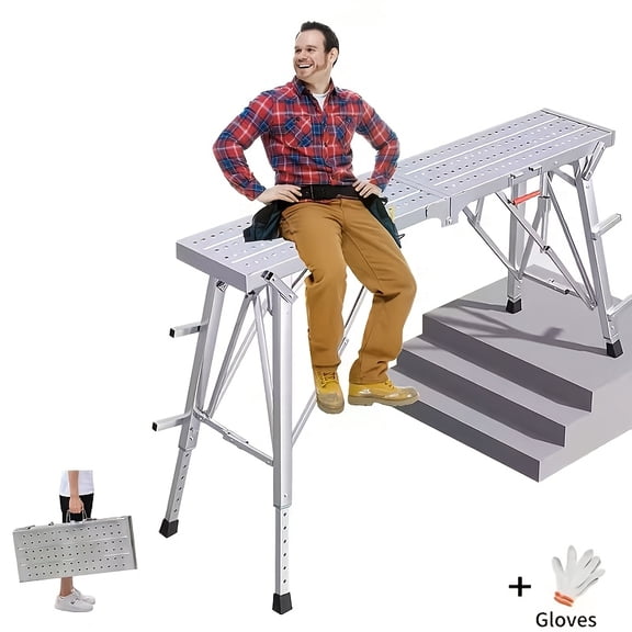 Heavy-Duty Adjustable Folding Work Platform Scaffolding Ladder & Bench, 800Lbs Load, Non-Slip Treads, 31.5"-49.21" Height, Portable for RV, Painting & Car Washing
