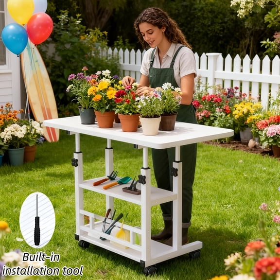 Heavy-Duty Adjustable Height Garden Workbench Table with Wheels, Metal Frame Work Table for Patio, Gardening, Office & Indoor Use