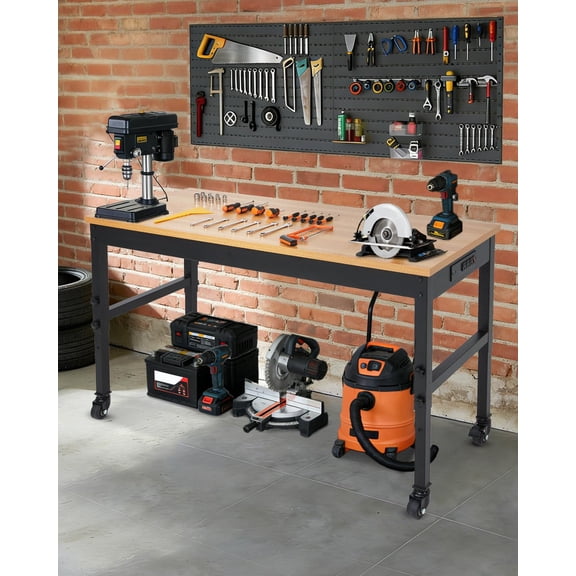 Heavy Duty Adjustable Height Office Workbench Desk 2000 lbs Capacity Hardwood Top ETL Natural Wood Color Black Natural Wood