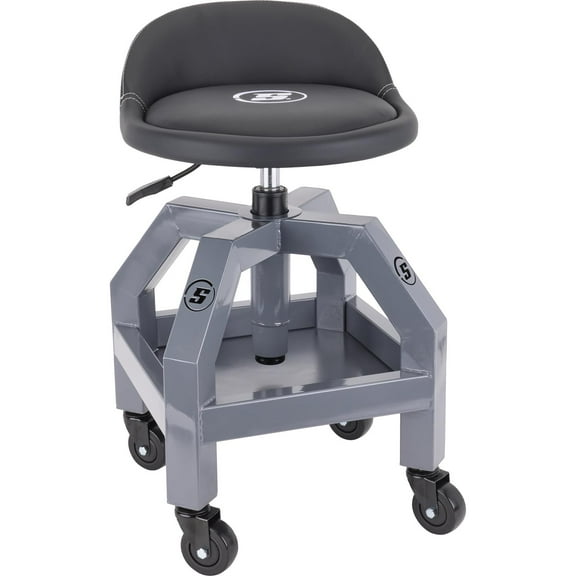 Speedway Motors Adjustable Height Rolling Shop Stool with Tool Tray, Heavy Duty Welded Steel Frame, 3-Inch Ball Bearing Casters, Padded Leather Seat with Backrest, 330 lb Capacity