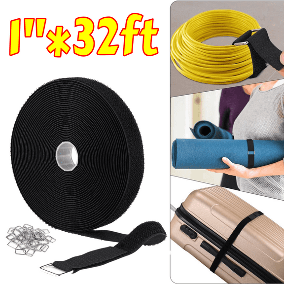 Heavy Duty Adjustable Hook and Loop Straps, 1" Wide x 32ft Nylon Strap Roll with 50 Buckles, Cut-to-Length Reusable Cinch Straps for Securing Gear & Cords, Black