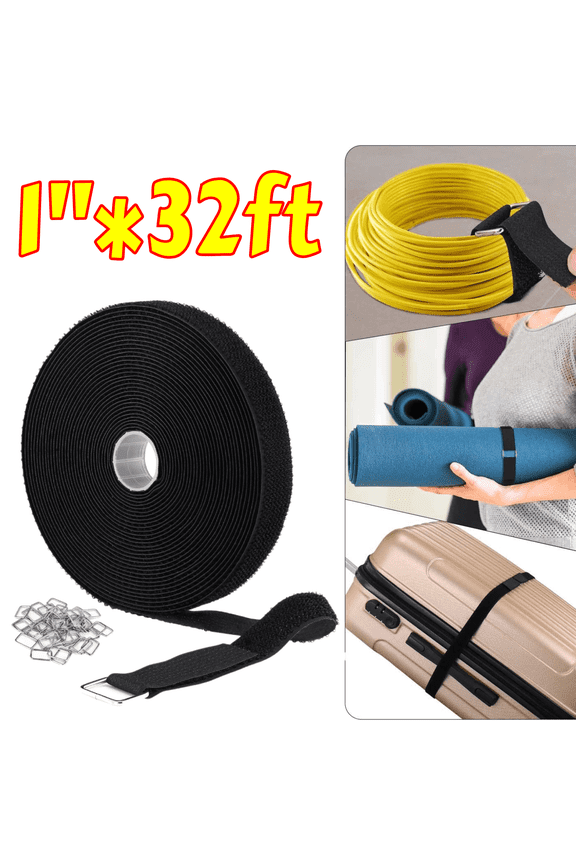 Heavy Duty Adjustable Hook and Loop Straps, 1" Wide x 32ft Nylon Strap Roll with 50 Buckles, Cut-to-Length Reusable Cinch Straps for Securing Gear & Cords, Black