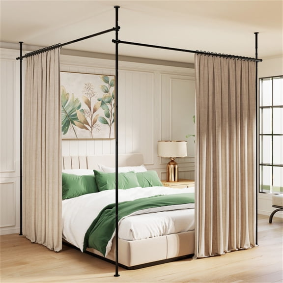 Heavy-Duty Adjustable L-Shaped Room Divider Curtain Rod, Extendable 28-142 Inch Width, 4-10 Inch Height, Black Finish