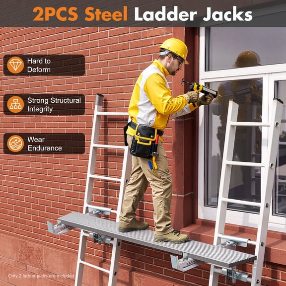 Heavy Duty Adjustable Ladder Jack Pair, Steel Triangular Support, 661lb Capacity, Fits Platforms up to 20", Ladder Mounted, for Roof & Wall Work, Silver