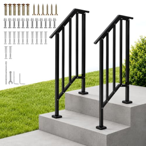 Heavy-Duty Adjustable Outdoor Stair Handrail Kit, 2-Pack Black Steel Stair Railing for Porch/Deck/Front Entry - for Concrete or Wood - Includes Hardware - 2 Steps