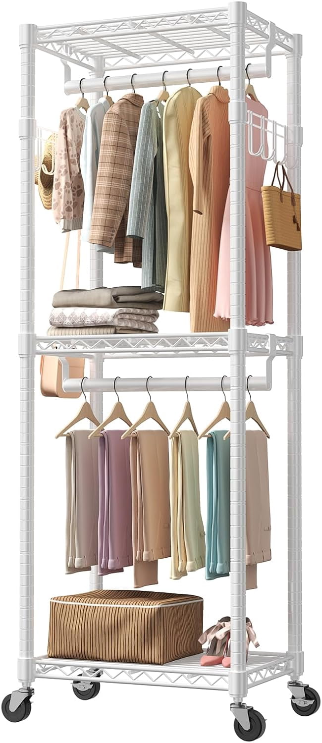 Heavy Duty Adjustable Rolling Clothes Rack with Wheels Double Rods and ...