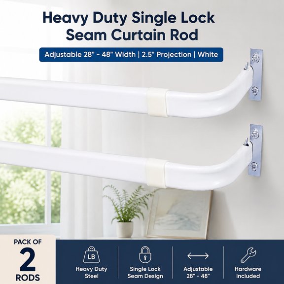Heavy Duty Adjustable Single Rod Curtain Rod Set, White, 28"-48", Hardware Included, Pack of 2