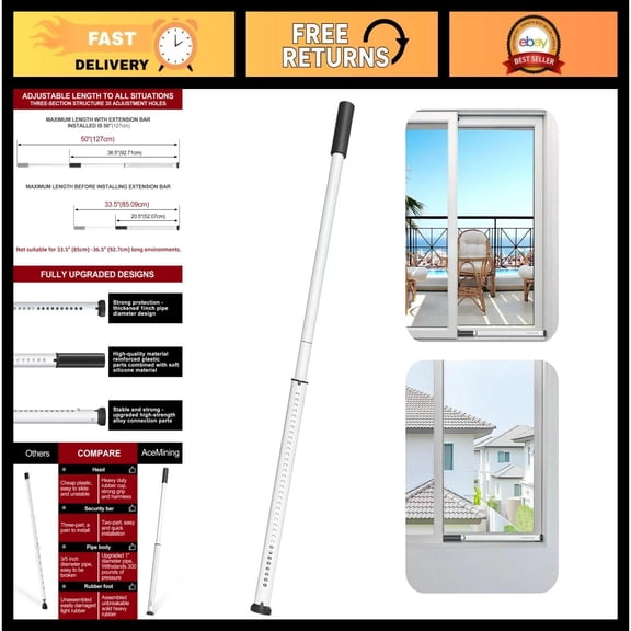 Heavy Duty Adjustable Sliding Door Security Bar, 20-50in Lock for Patio & Window