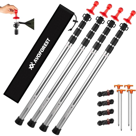 Heavy-Duty Adjustable Telescoping Tent Poles, Aviation Aluminum, 8.7 ft, Silver, Waterproof, Set of 4