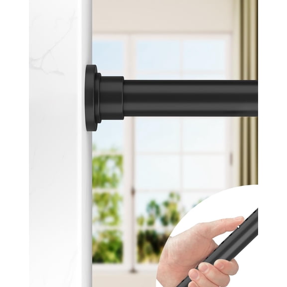 Heavy-Duty Adjustable Tension Curtain Rod, 123 to 160 Inches, Black, Spring-Loaded, Non-Slip, Tension-Mounted