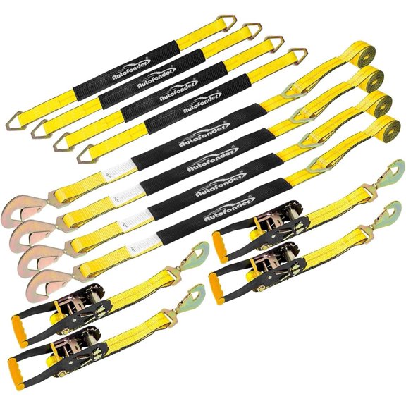 Heavy Duty Adjustable  Tie Down Kit with Snap Hooks -Break Strength 10,000 lbs-Working Load 3333 lbs-Bonus Includes 4 Pack 36" Axle Straps with D-Ring(Yellow)