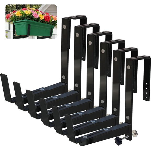 Heavy Duty Adjustable Window Box Brackets - Iron Planter Box Hangers with Reinforced Bottom Support for Balcony, Fence, Railing, Garden - Rust-Proof & Sturdy Flower Pot Holders