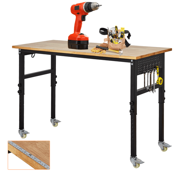 Heavy Duty Adjustable Workbench with Pegboard & Hooks – 48 Inch Rubber Wood Top, Built-in Ruler, 2000 lbs Capacity, 4 Lockable Casters, Height 29.5"-39.4", Quick Install, Garage Work Station