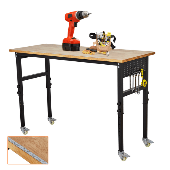 Heavy Duty Adjustable Workbench with Power Outlet – 60 Inch Rubber Wood Top, 2000 lbs Capacity, Pegboard, Hooks, Ruler, Wheels, Height 29"-40", Mobile Tool Table for Garage & Workshop