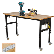Heavy Duty Adjustable Workbench with Power Outlets   70 Inch Rubber Wood Top, 2000 lbs Capacity, Pegboard, Rulers, Hooks, Mobile Wheels, Height 29.5"-40", Portable Garage Tool Station