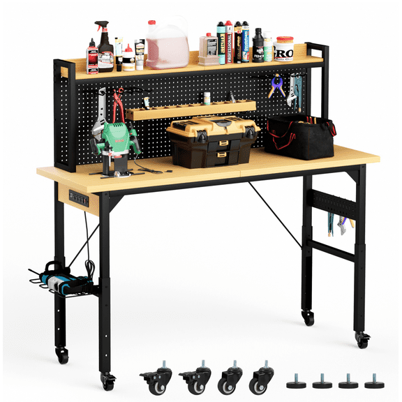 Heavy Duty Adjustable Workbench w/Pegboard, Wheels, 1600lb Capacity, AC Outlet