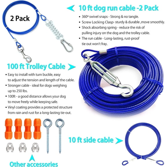 Heavy Duty Aerial Dog Tie Out Trolley System for Small to Large Dogs - Run Cable 100ft /75ft Zipline with 10ft Runner Cable Great for Yard (Blue, 100 ft for Two Dogs up to 250 lbs)