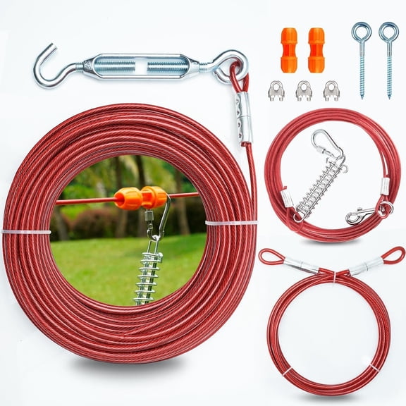 Heavy Duty Aerial Dog Tie Out Trolley System for Small to Large Dogs - Run Cable 100ft /75ft Zipline with 10ft Runner Cable Great for Yard (Red, 100 ft for one Dogs up to 300lbs)
