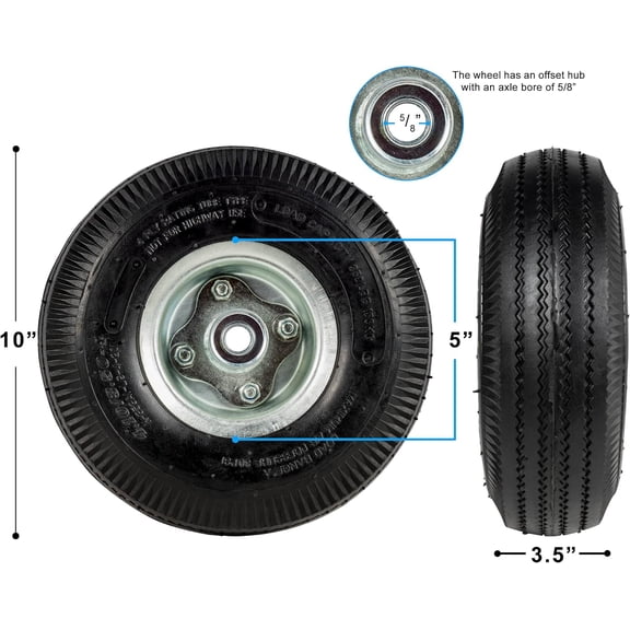 Heavy Duty Air Filled Dolly Replacement Wheels - Threaded Tires, 10" x 3.5" Hand Truck Wheels with 5/8" Axle Bore Hole, Offset Hub