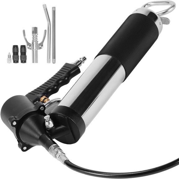 Heavy Duty Air Operated Grease Gun 6000PSI 14 OZ 400 CC Capacity with 18.5" Flexible Hose Flat Coupler Pointed Coupler Bent Metal Pipe Locking Clamp