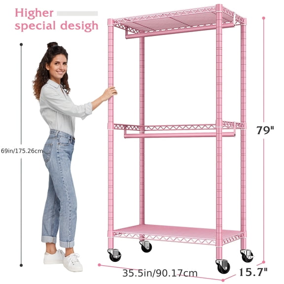 Heavy Duty All-Metal Clothes Rack with Locking Wheels, 79" Extra Tall Garment Rack, Adjustable Shelves, 240lb Capacity, Rolling Clothing Rack for Home Closet Store, Easy Assembly in 10 Minutes