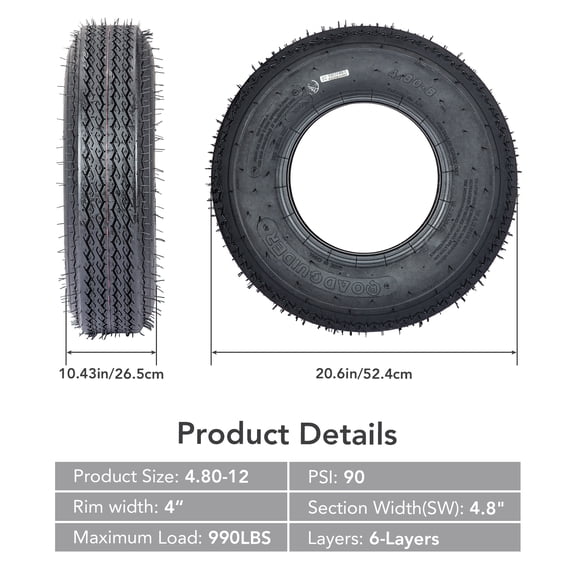 Heavy-Duty All-Weather Trailer Tires – 4.80-8 6PR Load Range C – Fuel-Saving, Durable 8" Tires for Utility, Boat, Camper, Cargo, Farm & Landscape Trailers – Pack of 2 – 4.80-8 6PR