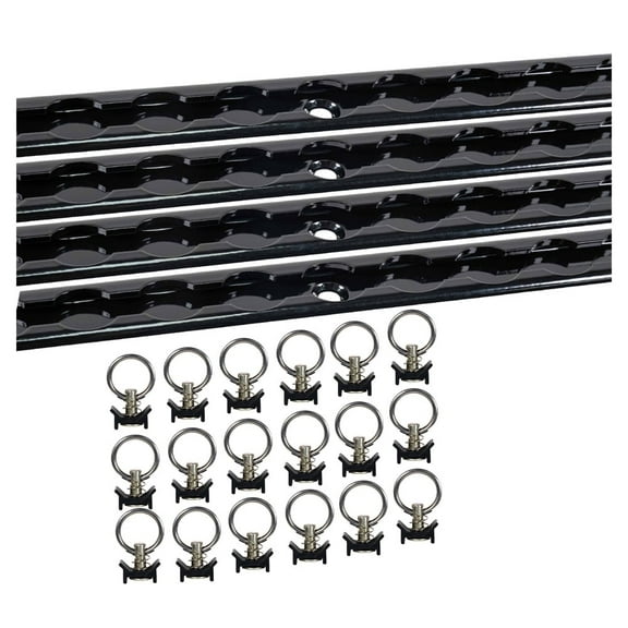 Heavy Duty Aluminum 4 Feet L-Track Black Powder Coated (4) and Stud with Black Powder Coated Ring (16) Tie Down System for Enclosed Trailers and Cargo Vans