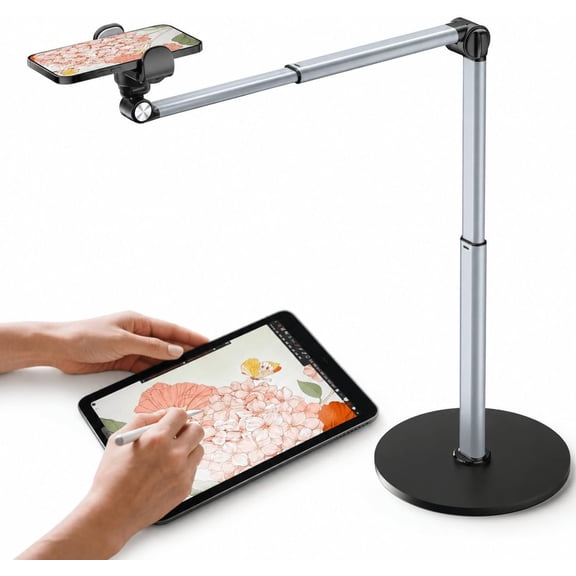 Heavy Duty Aluminum Overhead Phone Stand for Recording, Adjustable iPhone Tripod for Overhead Shots, Sturdy Stand for Cooking, Crafting, Filming, Painting Perfect for CreatorsClip