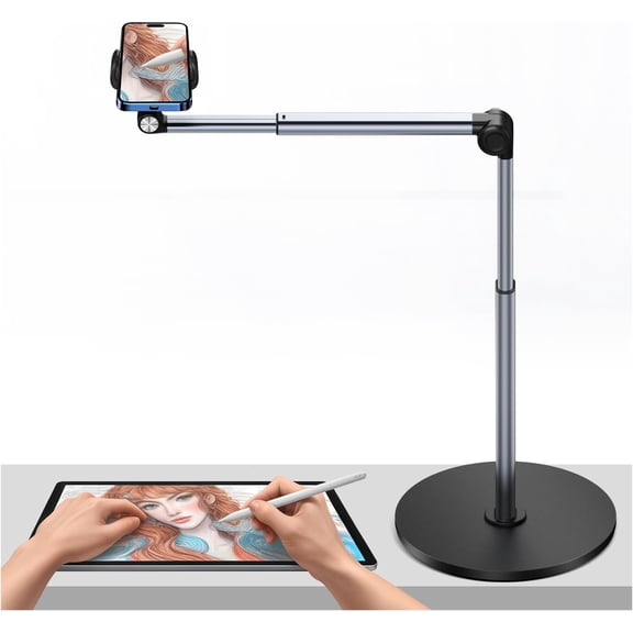 Heavy Duty Aluminum Overhead Tripod for iPhone, 13.7 in Long Phone Mount, Flexible Articulating Arm Mount Desk Live Streaming, Meeting, Cooking