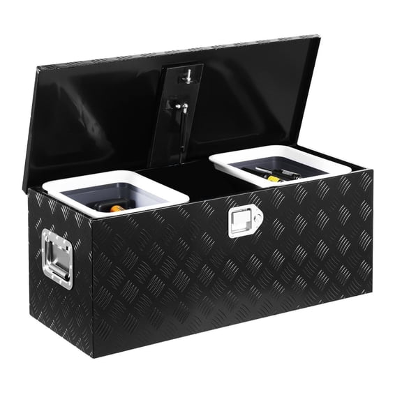 Heavy Duty Aluminum Truck Bed Tool Box, Stripes Plated Tool Box with Sliding Shelf, Side Handle, Lock & Keys, Storage Toolbox Chest for Trailer, Pickup, Truck Bed, RV, 35.4"x14.6"x14.6"