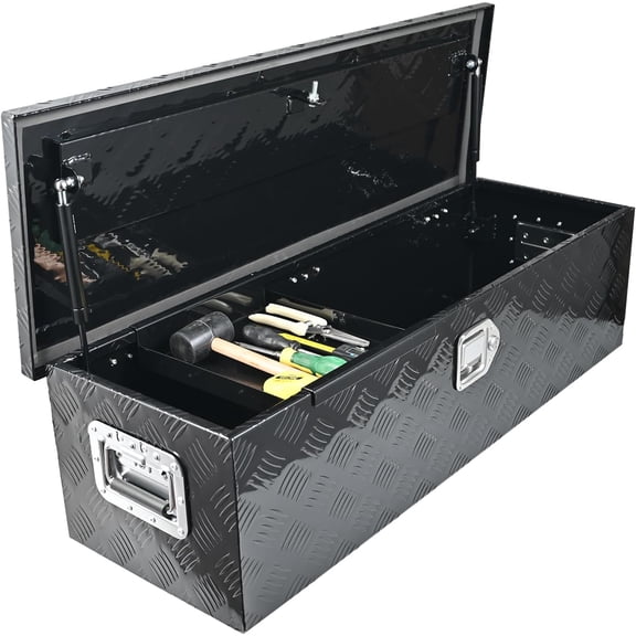 Heavy-Duty Aluminum Truck Tool Box with Stripe Tread Design – Waterproof, Rustproof Storage Organizer for Pickup Trucks, Trailers, and RVs, Black