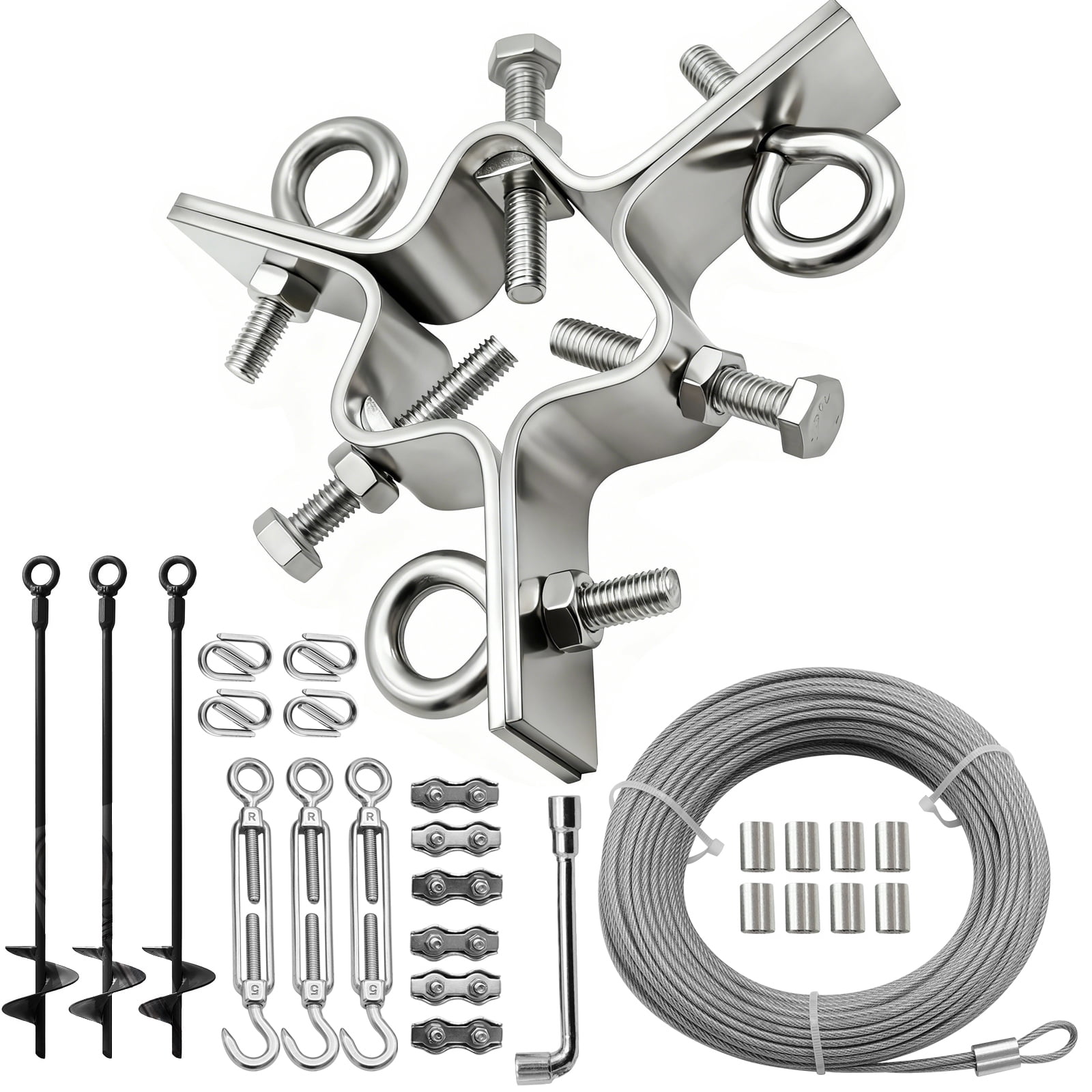 Heavy Duty Antenna Mast Clamp Down Guy Wire Ring with 100ft Wires & Ground Anchors Mounting, 3-Way Guying, Fits Masts up to 2-1/4 inches,Stainless Steel