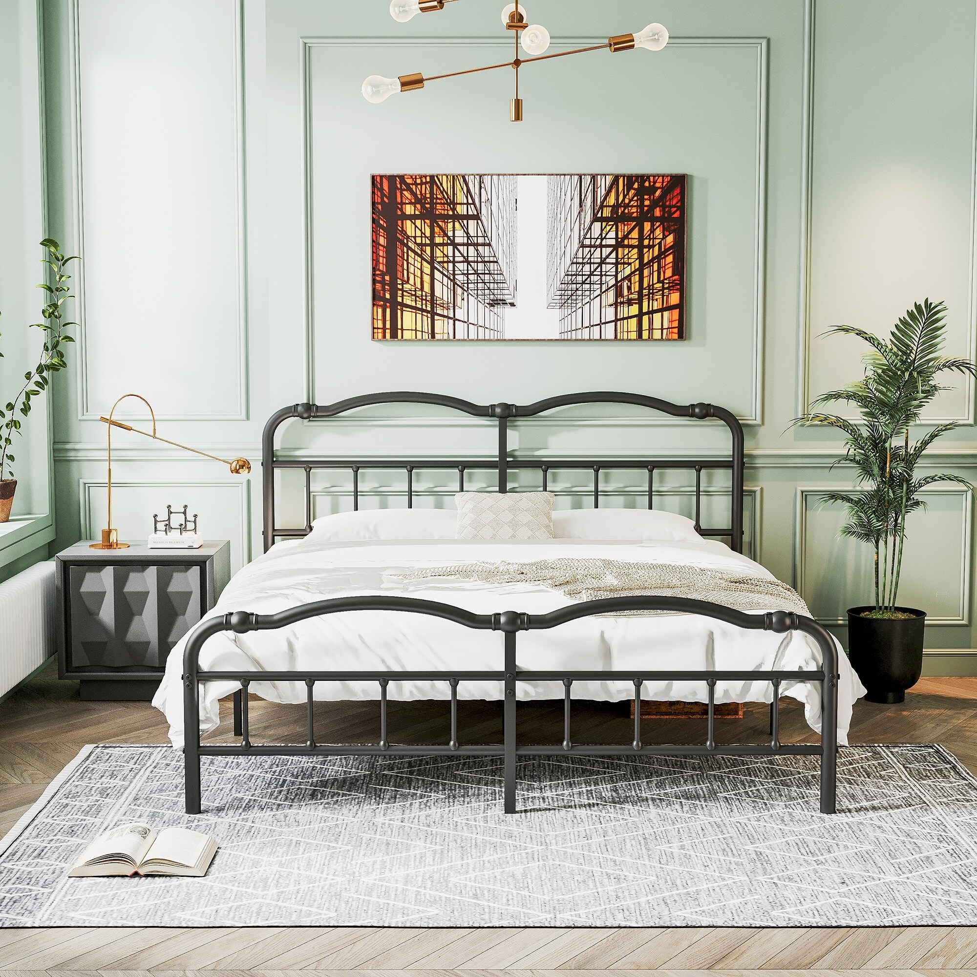 Heavy Duty Anti-Sway 18 Inch High Steel Tube Iron Bed, Double Wave Headboard And Footboard Full