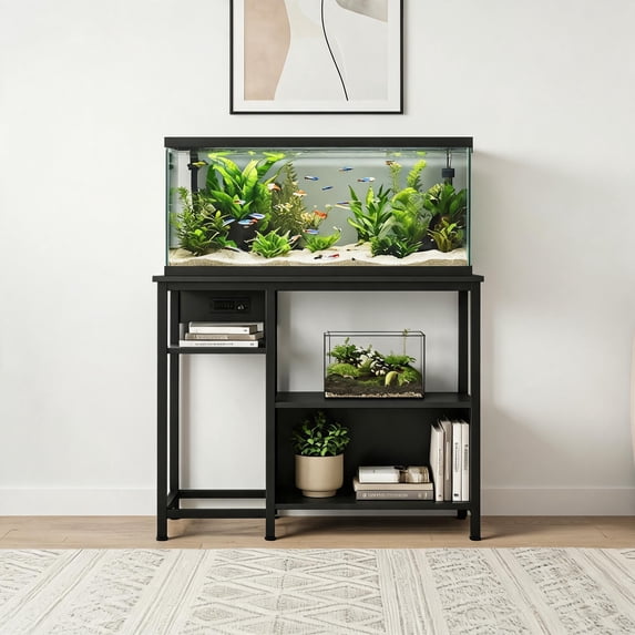 Heavy Duty Aquarium Stand for 40-50 Gallon Tanks, 4-Tier Metal & Wood Storage Shelves with Power Outlets, Sturdy Rust-Resistant Frame, Black/Grey