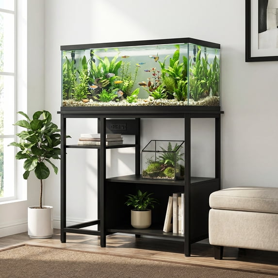 Heavy Duty Aquarium Stand for 40-50 Gallon Tanks, 4-Tier Metal & Wood Storage Shelves with Power Outlets, Sturdy Rust-Resistant Frame, Black/Grey