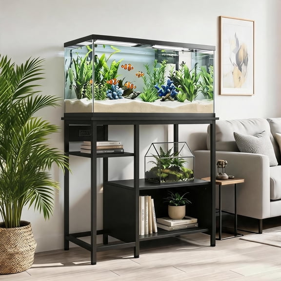 Heavy Duty Aquarium Stand with Built-In Power Outlets, Metal and Wood Storage Shelf for 40-50 Gallon Fish Tank Turtle Reptile Terrarium