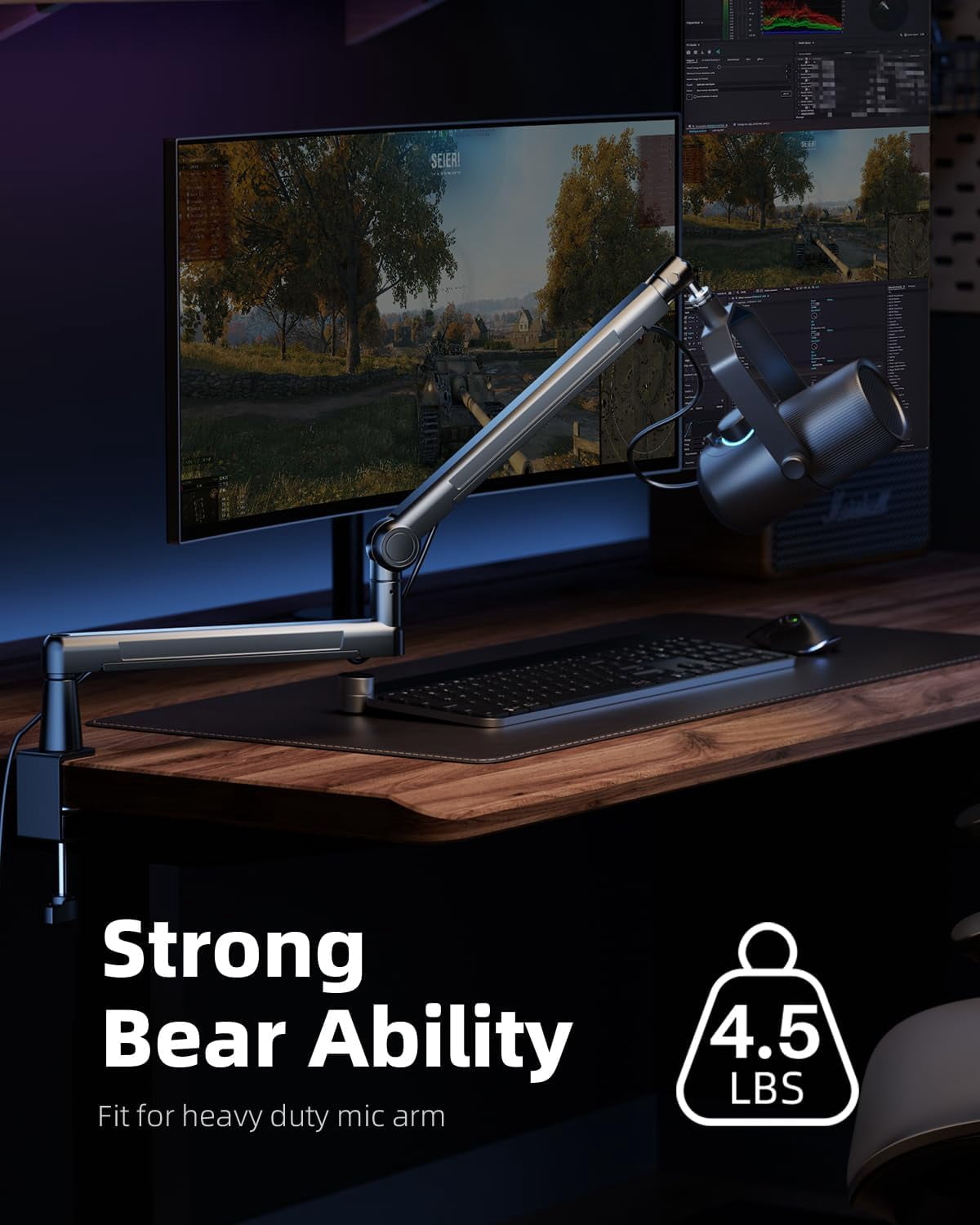 Heavy Duty  Arm Mic Stand with Extension Riser, Adjustable All Metal Desk Microphone Holder for Gaming Streaming Podcasting, 4.5LBS Load Capacity, 3/8 and 5/8 Inch Thread
