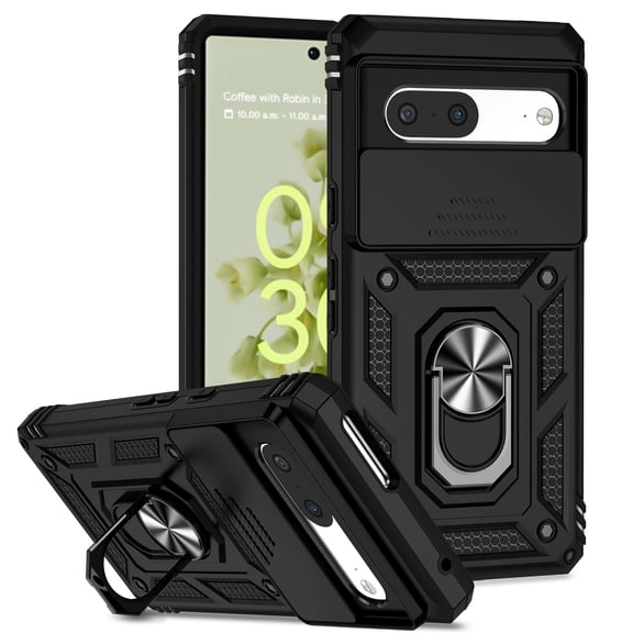 Heavy Duty Armor Case for Google Pixel 7, Rugged PC Soft TPU Military Grade Shockproof Metal Magnetic Plate Car Mount Shockproof Cover with Camera Lens Sliding Ring Holder Kickstand Case, Black