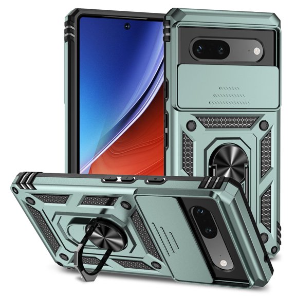 Heavy Duty Armor Case for Google Pixel 7A, Rugged PC Soft TPU Military Grade Shockproof Metal Magnetic Car Mount Cover with Camera Lens Sliding Ring Holder Bracket Case, Darkgreen