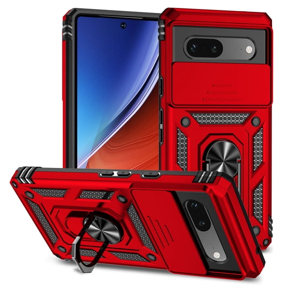 Heavy Duty Armor Case for Google Pixel 7A, Rugged PC Soft TPU Military Grade Shockproof Metal Magnetic Car Mount Cover with Camera Lens Sliding Ring Holder Bracket Case, Red