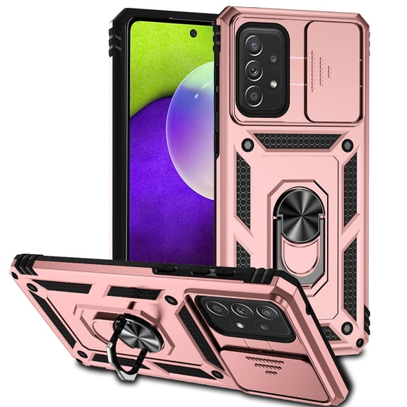 Heavy Duty Armor Case for Samsung Galaxy A23 4G, Hard PC + TPU Military Grade Shockproof Metal Magnetic Car Mount Cover with Camera Lens Sliding Ring Holder Bracket Case, Rosegold