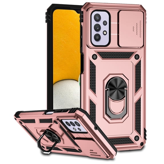 Heavy Duty Armor Case for Samsung Galaxy A32 5G, Rugged PC Soft TPU Military Grade Shockproof Metal Magnetic Car Mount Shockproof Cover with Camera Lens Sliding Ring Holder Bracket Case,Rosegold