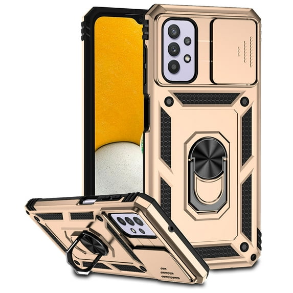 Heavy Duty Armor Case for Samsung Galaxy A32 5G, Rugged PC Soft TPU Military Grade Shockproof Metal Magnetic Car Mount Shockproof Cover with Camera Lens Sliding Ring Holder Bracket Case,Gold