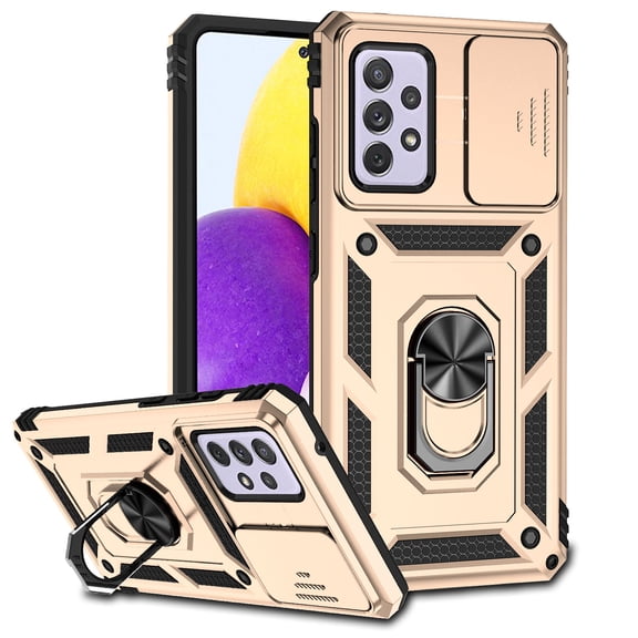 Heavy Duty Armor Case for Samsung Galaxy A53 5G, Rugged PC Soft TPU Military Grade Shockproof Metal Magnetic Car Mount Shockproof Cover with Camera Lens Sliding Ring Holder Bracket Case,Gold