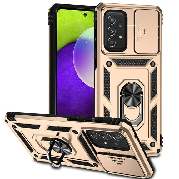 Heavy Duty Armor Case for Samsung Galaxy A73 5G, Rugged PC Soft TPU Military Grade Shockproof Metal Magnetic Car Mount Shockproof Cover with Camera Lens Sliding Ring Holder Bracket Case,Gold