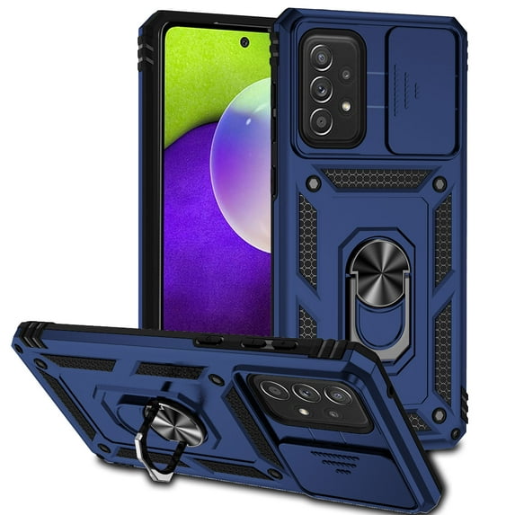 Heavy Duty Armor Case for Samsung Galaxy A73 5G, Rugged PC Soft TPU Military Grade Shockproof Metal Magnetic Car Mount Shockproof Cover with Camera Lens Sliding Ring Holder Bracket Case,Blue