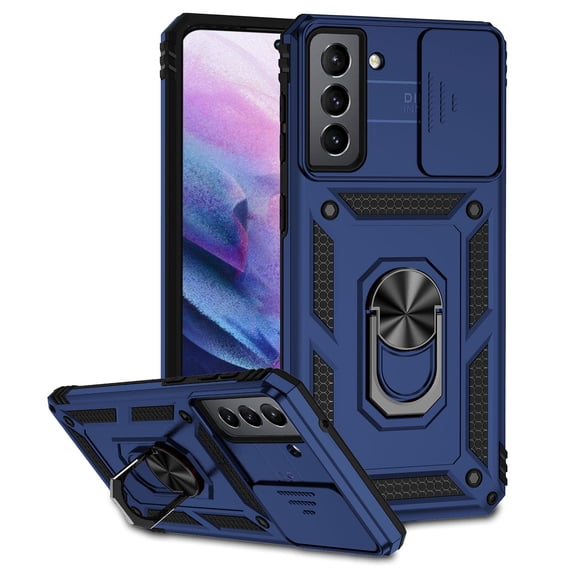 Heavy Duty Armor Case for Samsung Galaxy S21 FE, Rugged PC Soft TPU Military Grade Shockproof Metal Magnetic Car Mount Shockproof Cover with Camera Lens Sliding Ring Holder Bracket Case,Blue